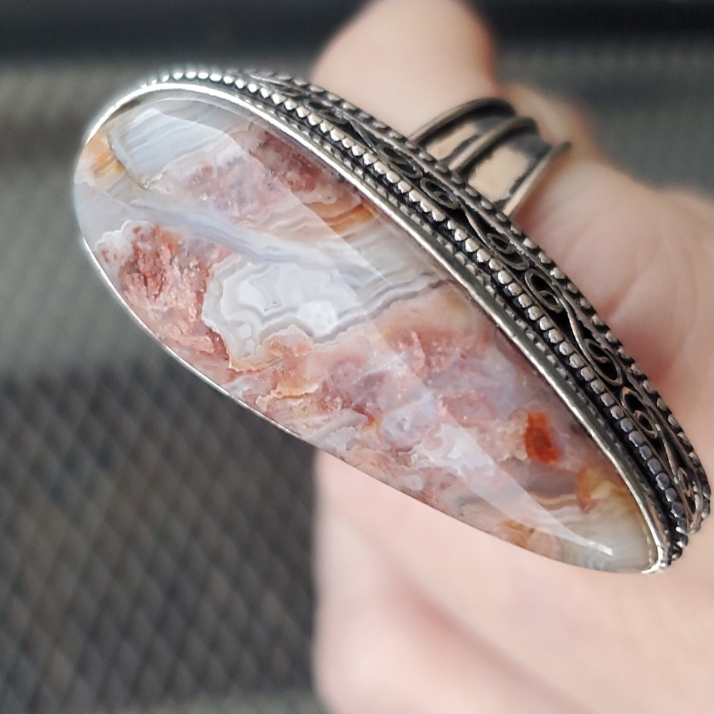 New Oversized Crazy Lace Agate 925 Silver Statement Ring.